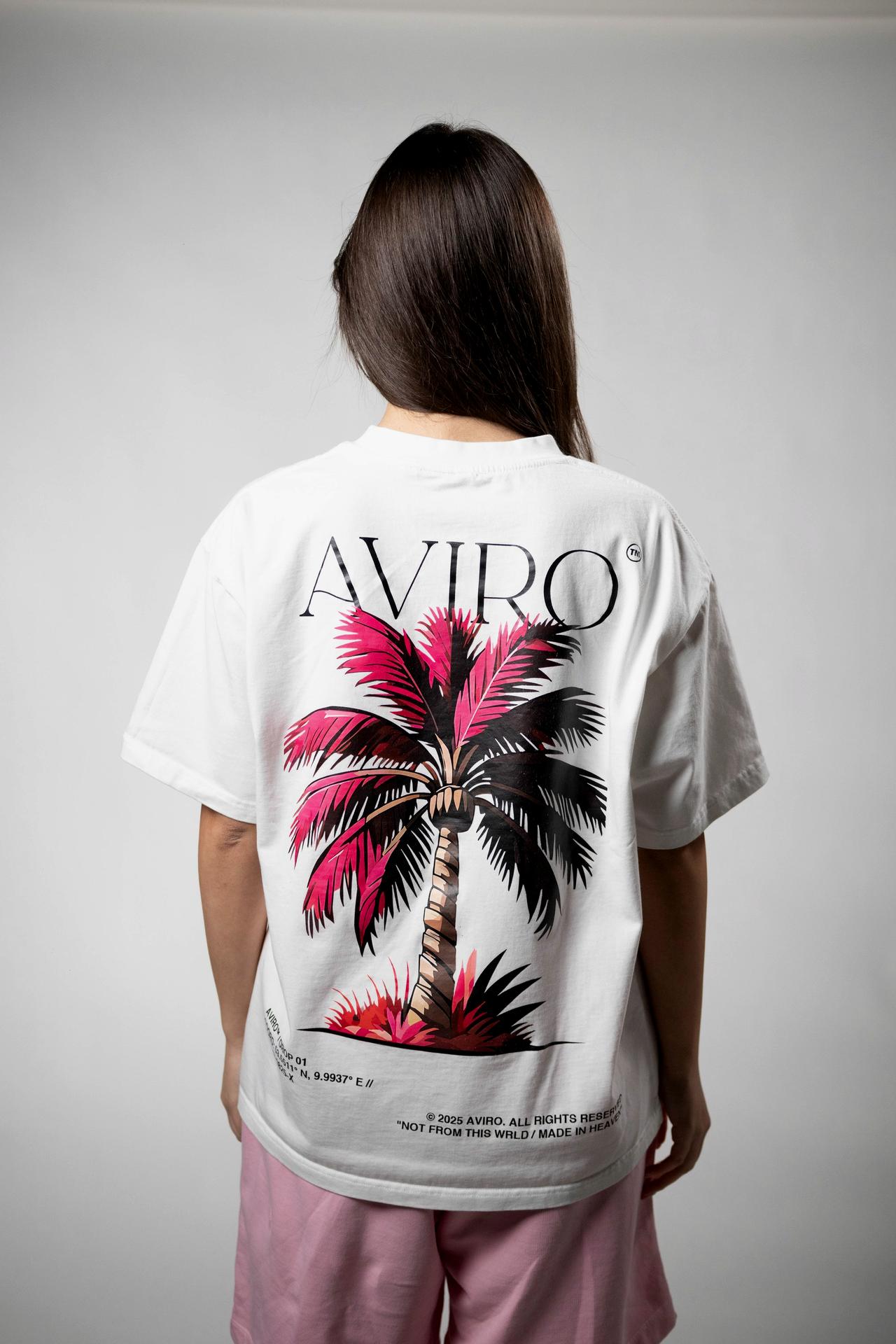 “Pink Palm” White Oversized Tee